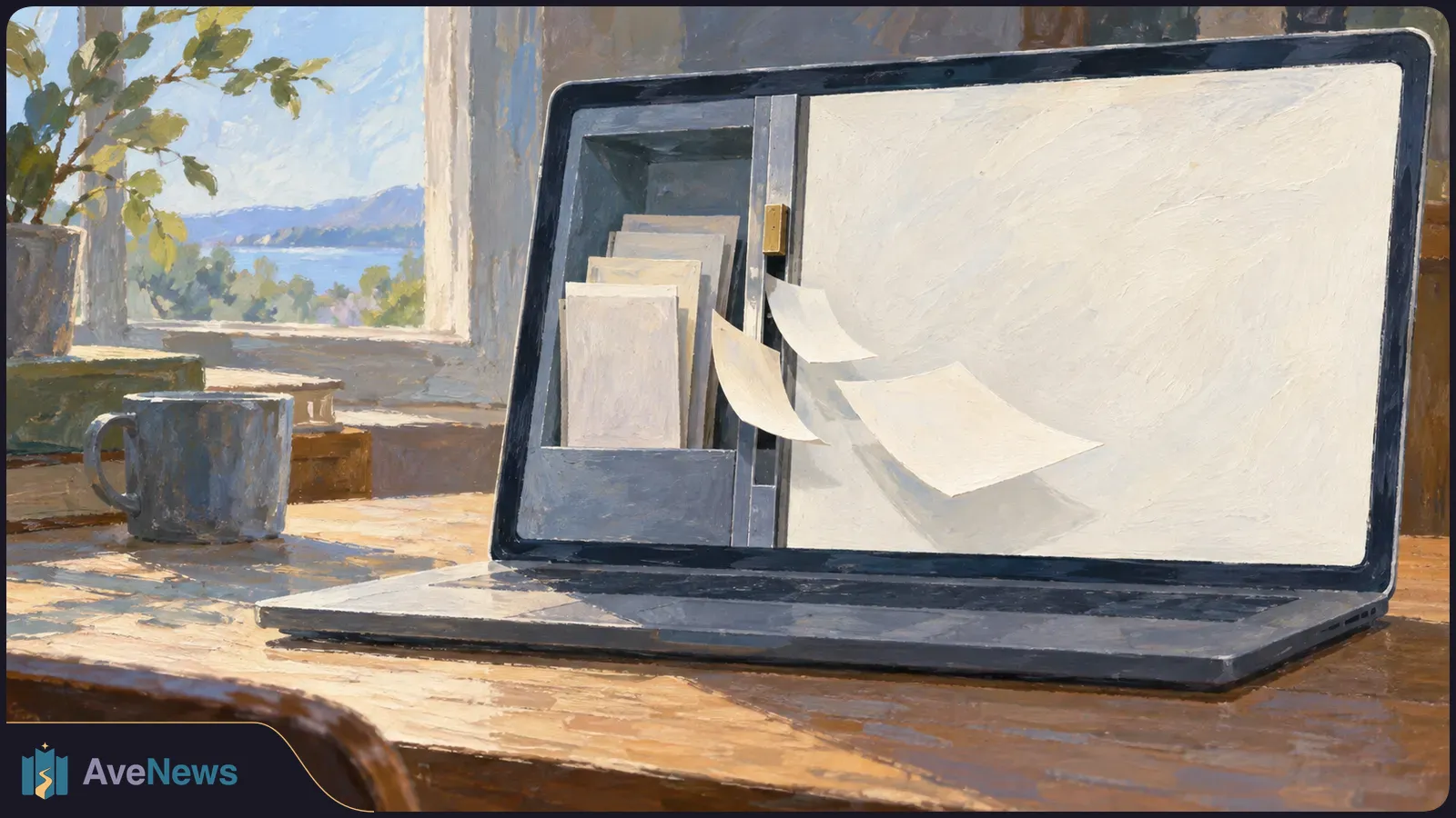 Painterly illustration of a laptop on a wooden desk, with blank sheets floating across its screen. A mug and potted plant sit beside a window overlooking water. SI illustration