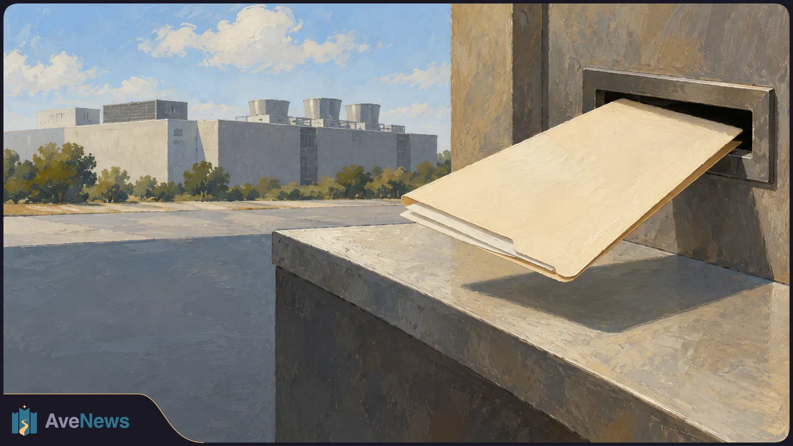Illustration of a manila folder protruding from a slot in a concrete wall, with a large industrial building, trees and blue sky in the background. SI illustration