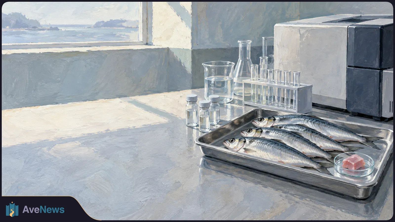 Painterly illustration of fish on a metal tray beside sample vials, test tubes and lab equipment, with the sea visible through a window. SI illustration