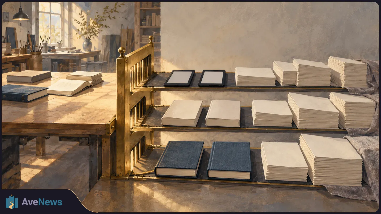 Three tiers hold two blank-screen e-readers, bound books and stacks of white paper beside a wooden worktable in a sunlit studio. SI illustration