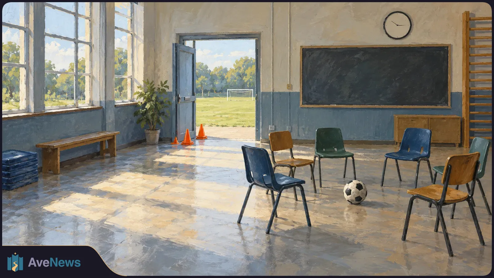 A painted classroom with chairs arranged around a soccer ball; an open door leads to a field with a goal. SI illustration