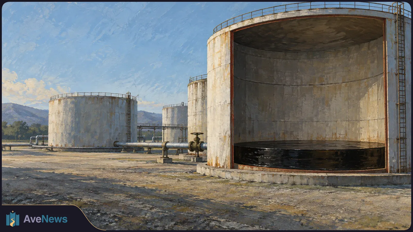Painted oil storage tanks and pipelines beneath a blue sky; a cutaway tank in the foreground holds a shallow layer of dark liquid. SI illustration