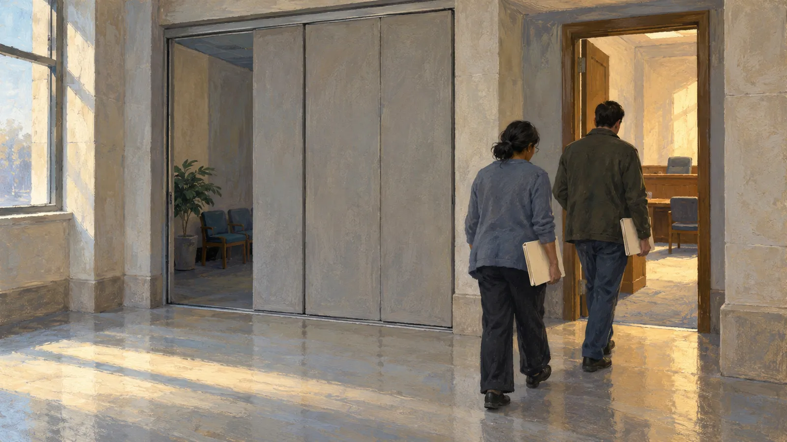 Two people carrying folders walk down a sunlit hallway toward an open room with a wooden bench and chairs. SI illustration