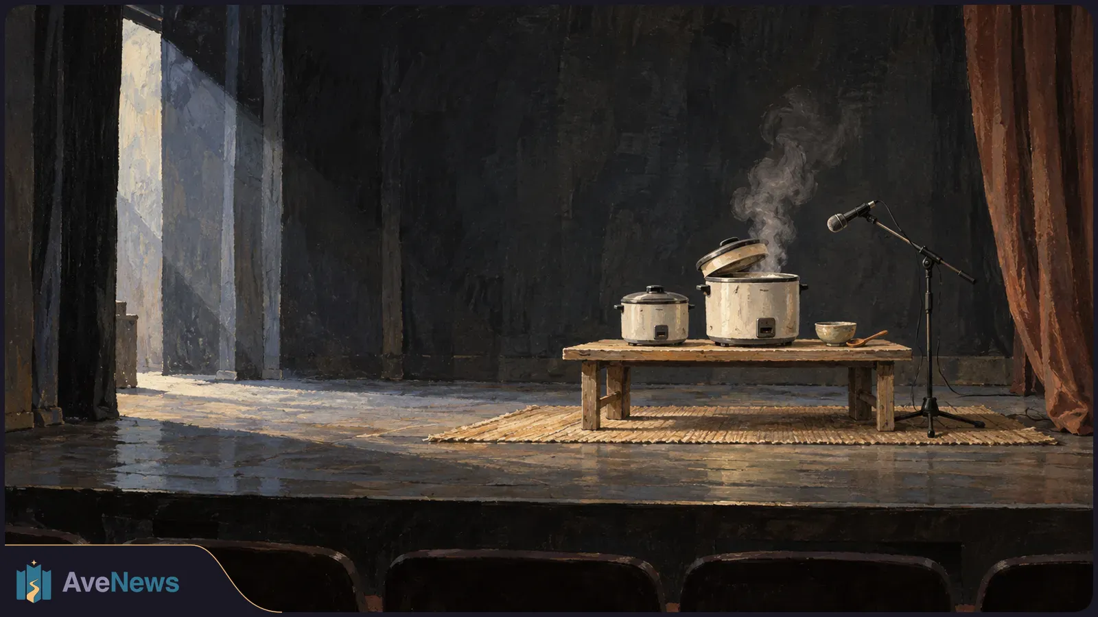 On an empty theater stage, two rice cookers sit on a low wooden table. Steam rises from the open one beside a microphone; curtains and audience seats are visible. SI illustration