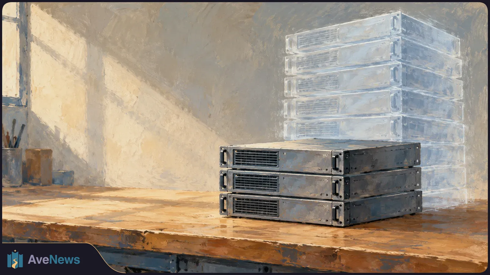 Painterly illustration of three dark server units stacked on a wooden workbench, with pale outlines of more units behind them and sunlight falling across the wall. SI illustration