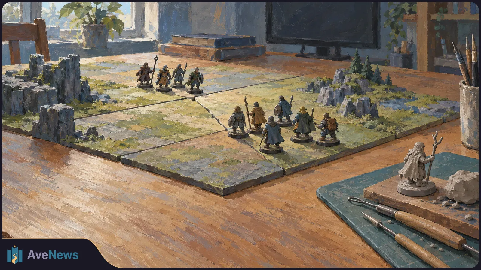 Painted illustration of fantasy miniatures facing each other on a tabletop terrain board, with brushes, sculpting tools and a blank monitor nearby. SI illustration