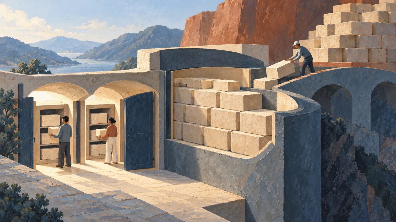 An illustration shows three people moving pale stone blocks around an arched structure, with mountains and water in the background. SI illustration