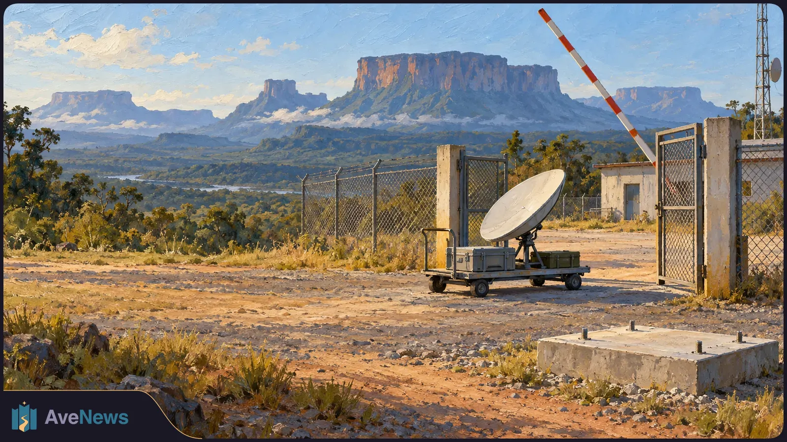 Painted landscape with a satellite dish on a wheeled cart beside an open chain-link gate and raised barrier, with flat-topped mountains in the distance. SI illustration