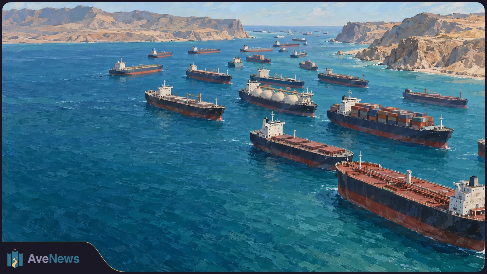 Painted view of many cargo ships and tankers crowded in blue water between rocky, arid shores. SI illustration