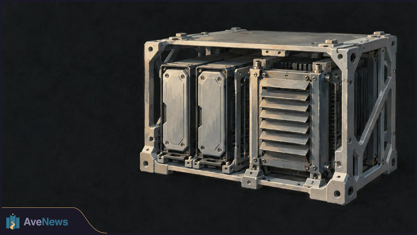 A gray computer module with two rectangular panels and a vented section sits inside a metal frame against a black background. SI illustration