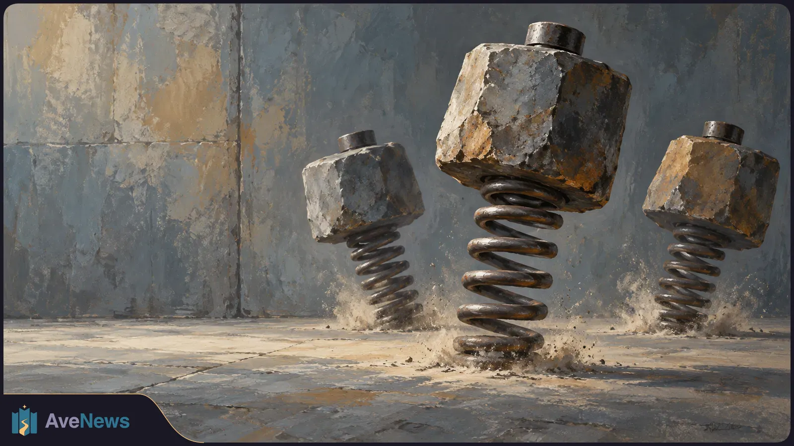 Three rough metal blocks mounted on large springs above a dusty concrete floor, against a gray wall. SI illustration