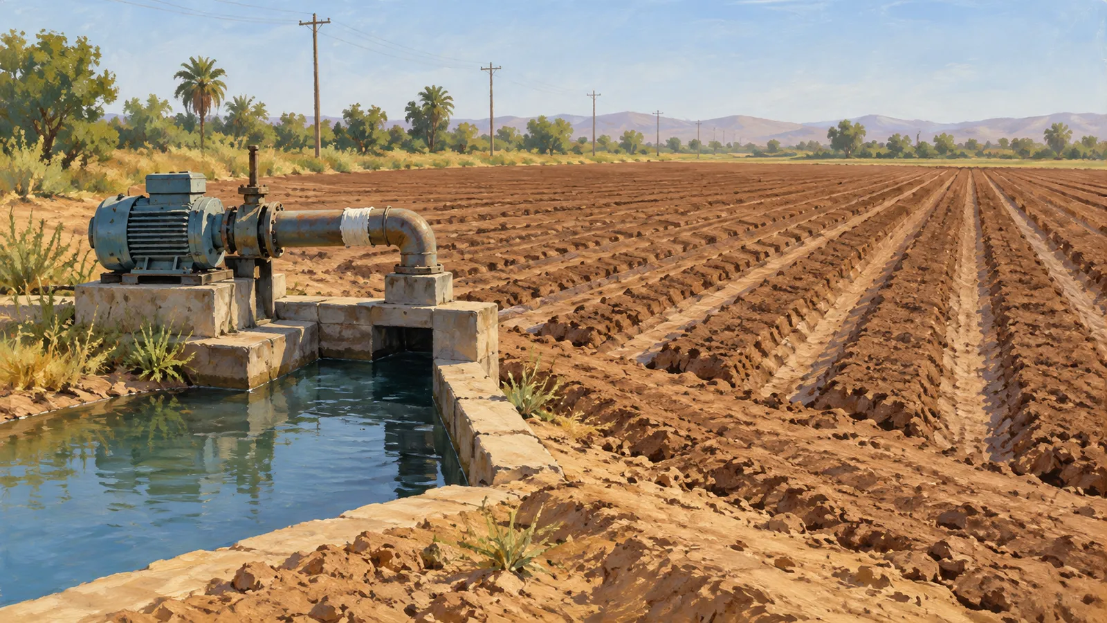 An irrigation pump and water channel sit beside a freshly furrowed field, with trees, utility poles and distant hills under a blue sky. SI illustration