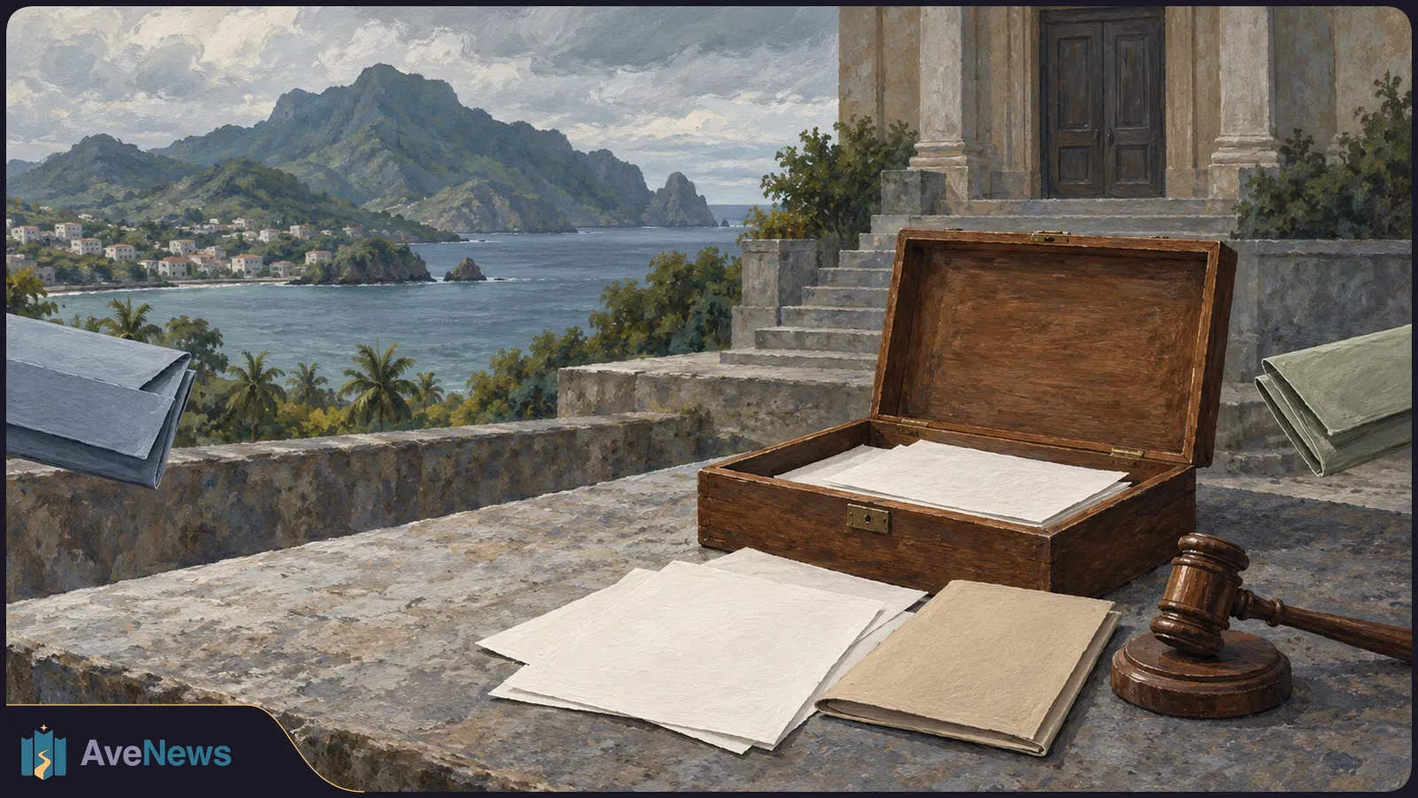Painted scene of an open wooden box with blank papers and a gavel on a stone terrace, overlooking a coastal village, sea and mountains beside a columned building. SI illustration