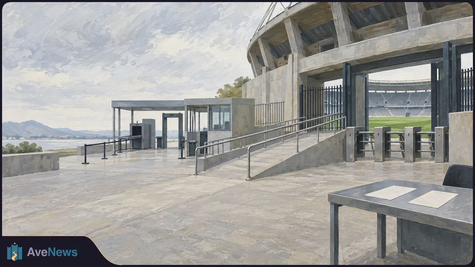 Painted view of an empty stadium entrance with turnstiles, security gates, a railed ramp and a table with two blank sheets. SI illustration