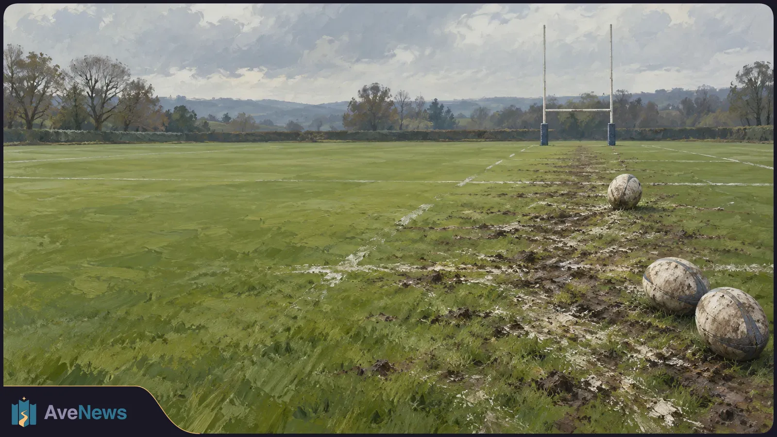 Painted rugby pitch with goalposts in the distance and three muddy rugby balls on a worn strip of grass, one farther ahead than the other two. SI illustration