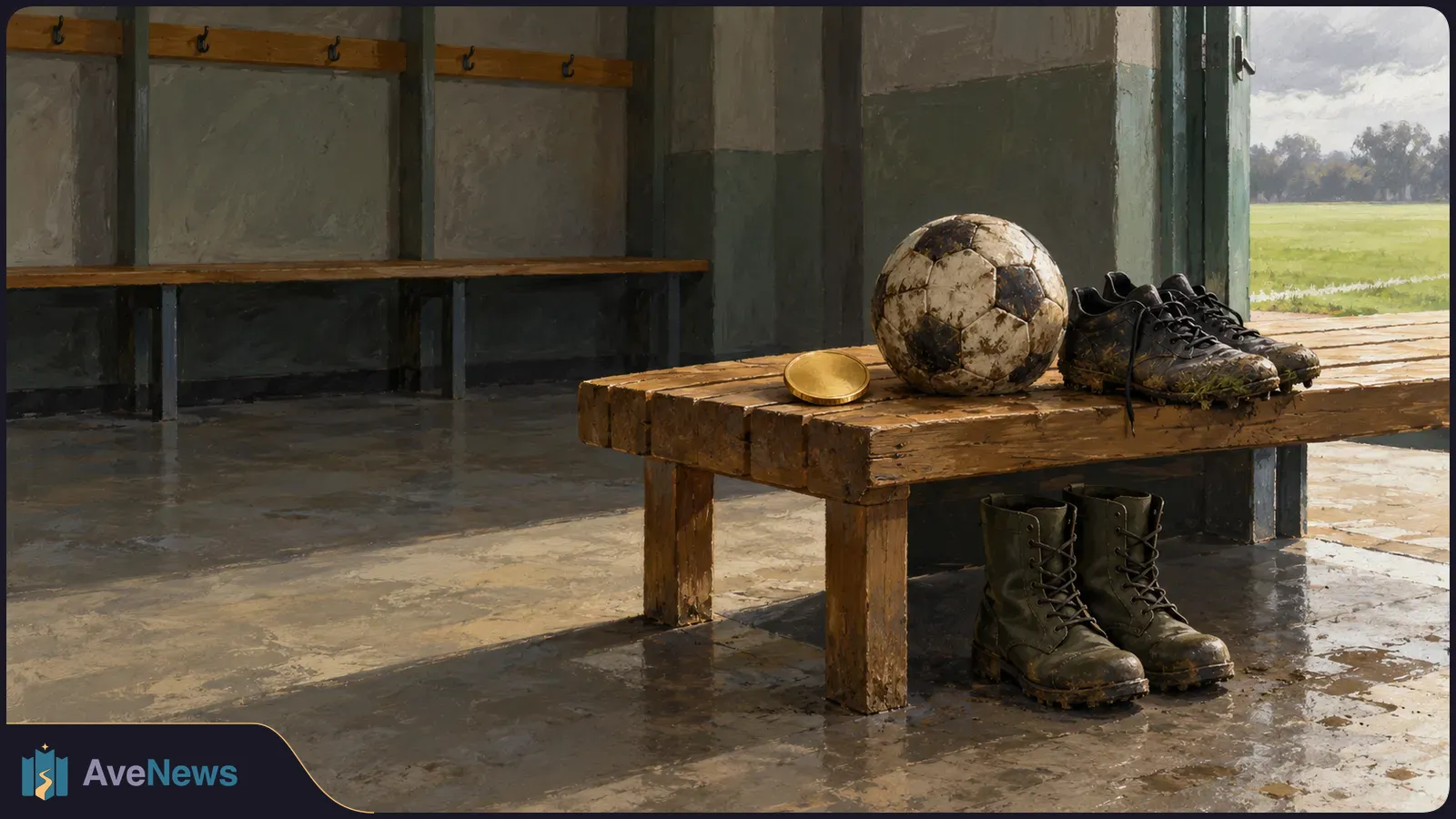 A muddy football, gold-colored medal and cleats rest on a wooden bench, with military boots beneath it in a painted locker room. SI illustration
