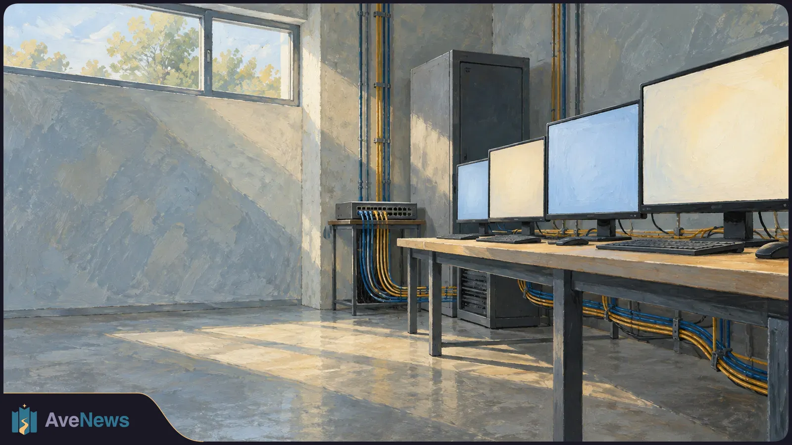 Painted view of an empty computer room with four blank monitors, network cables and a tall equipment cabinet. Sunlight enters through a high window. SI illustration