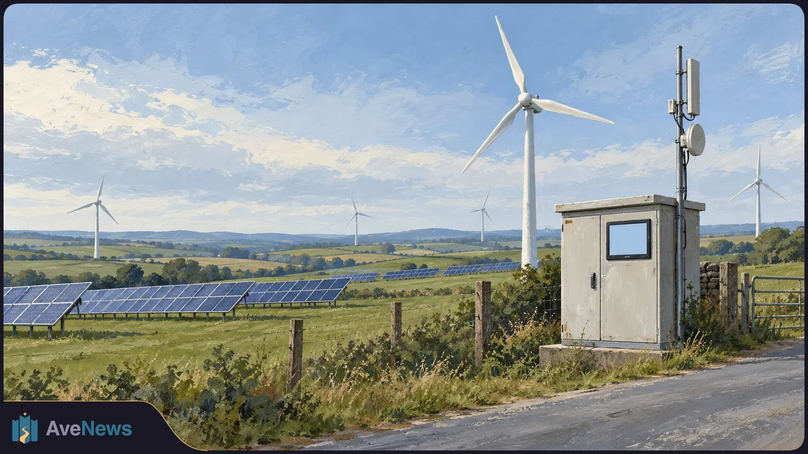 Painted rural landscape with rows of solar panels and wind turbines. A roadside control cabinet with a blank blue screen and mounted antennas stands in the foreground. SI illustration