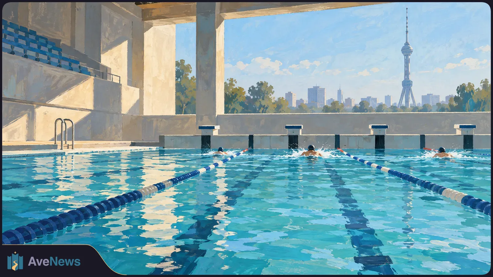 Painterly view across a lane-marked pool, with three distant swimmers, concrete stands and a tall tower on the skyline. SI illustration