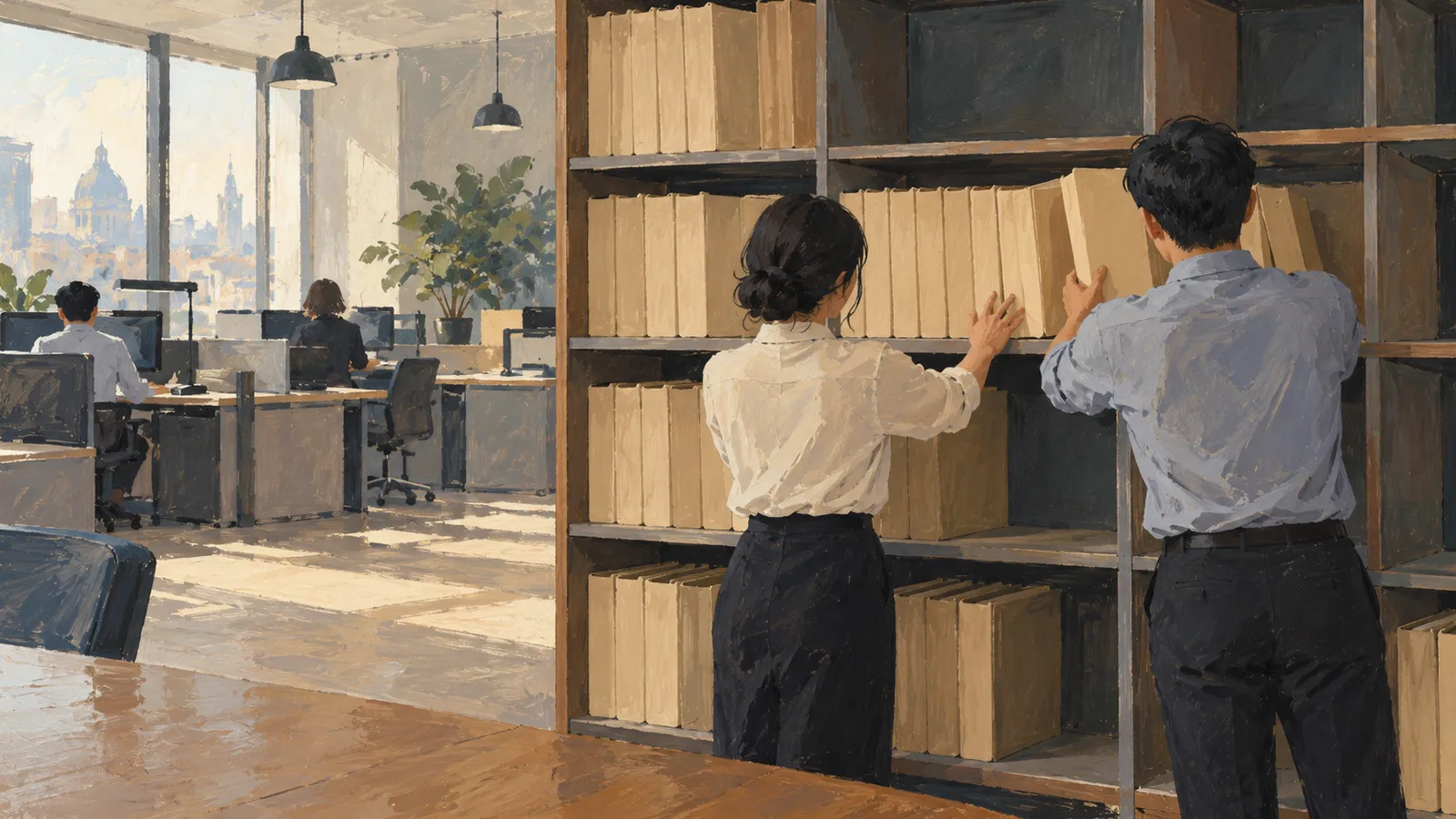 Two people handle beige folders on a tall shelf in a sunlit office, with others seated at computers in the background. SI illustration