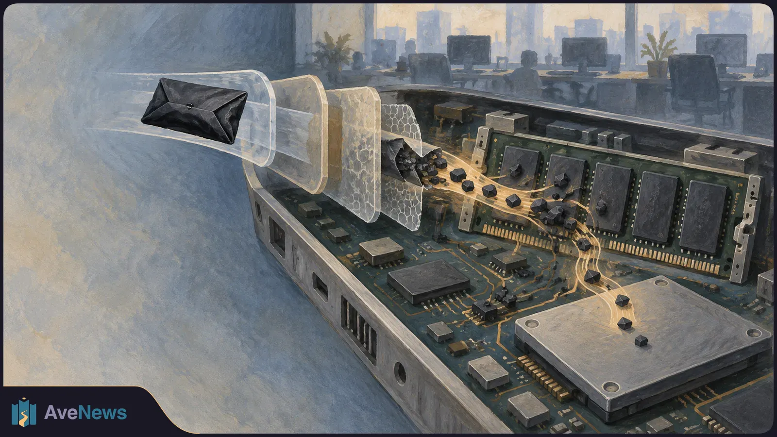 Illustration of a dark envelope passing through translucent layers toward a computer circuit board, with small black blocks flowing across its chips. An office is in the background. SI illustration