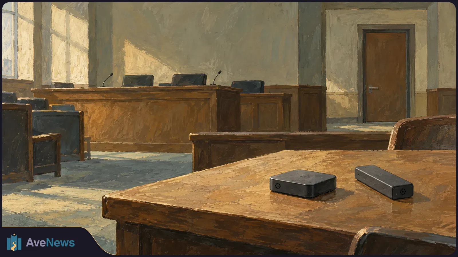 Two small black electronic devices sit on a wooden table in an empty, sunlit room with chairs, a raised desk and microphones. SI illustration