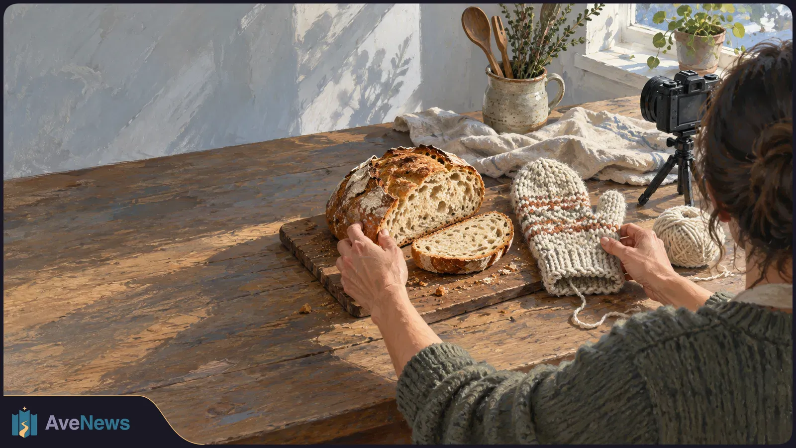 Illustration of a person arranging a sliced loaf of bread and a knitted mitten on a wooden table, with a camera on a tripod nearby. SI illustration
