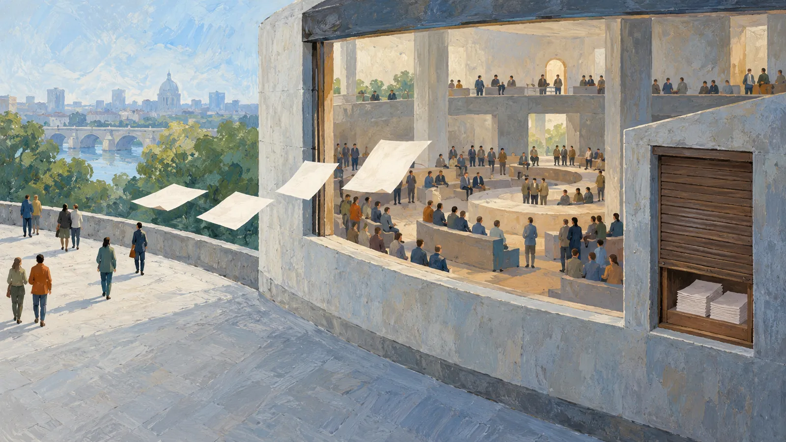 A painted scene shows people gathered inside a circular, open-sided building as sheets of paper float outside; a river, bridge and city skyline appear beyond. SI illustration