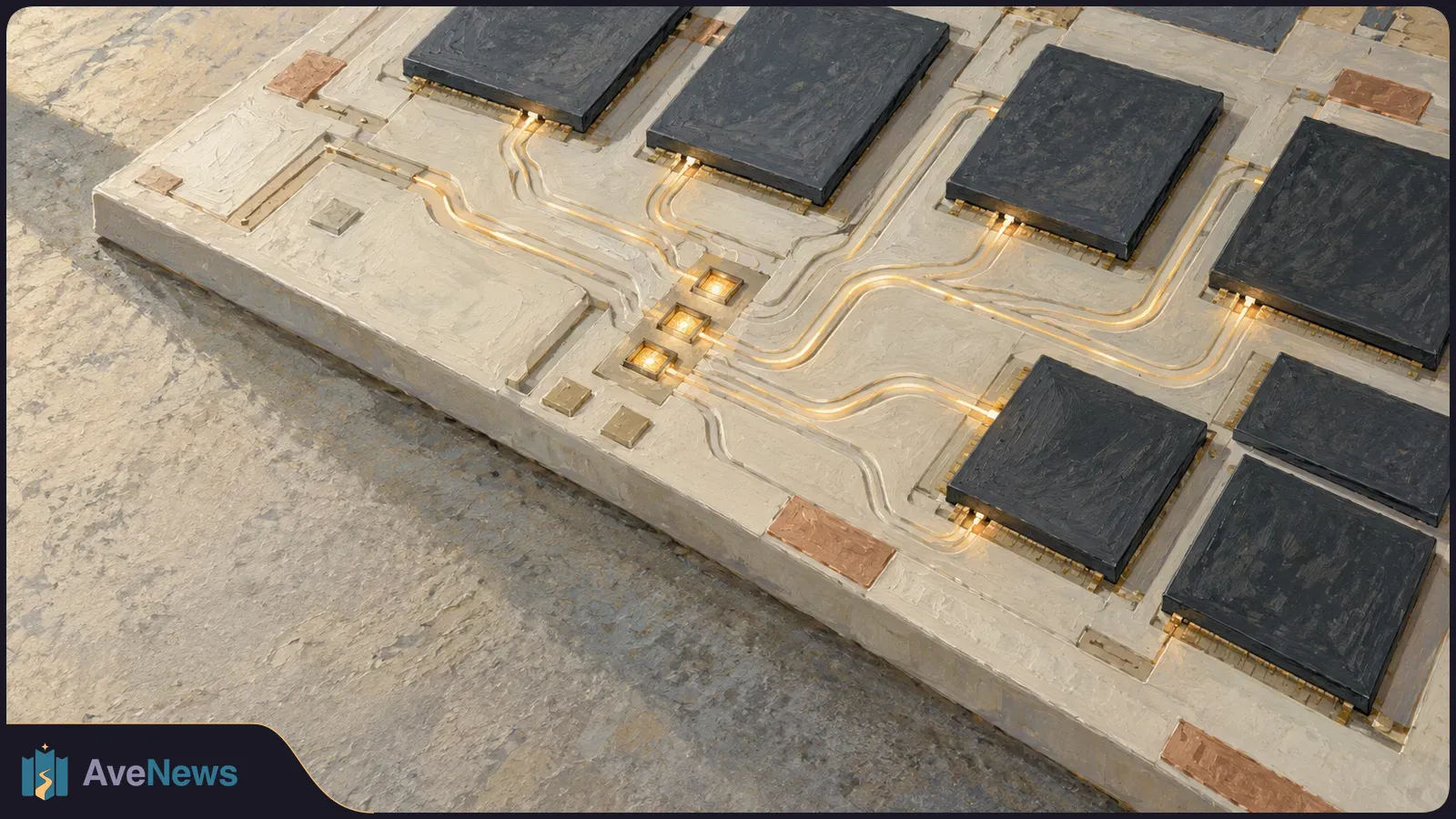 Painterly close-up of dark chips on a pale circuit board, connected by glowing lines that meet at three small illuminated components. SI illustration