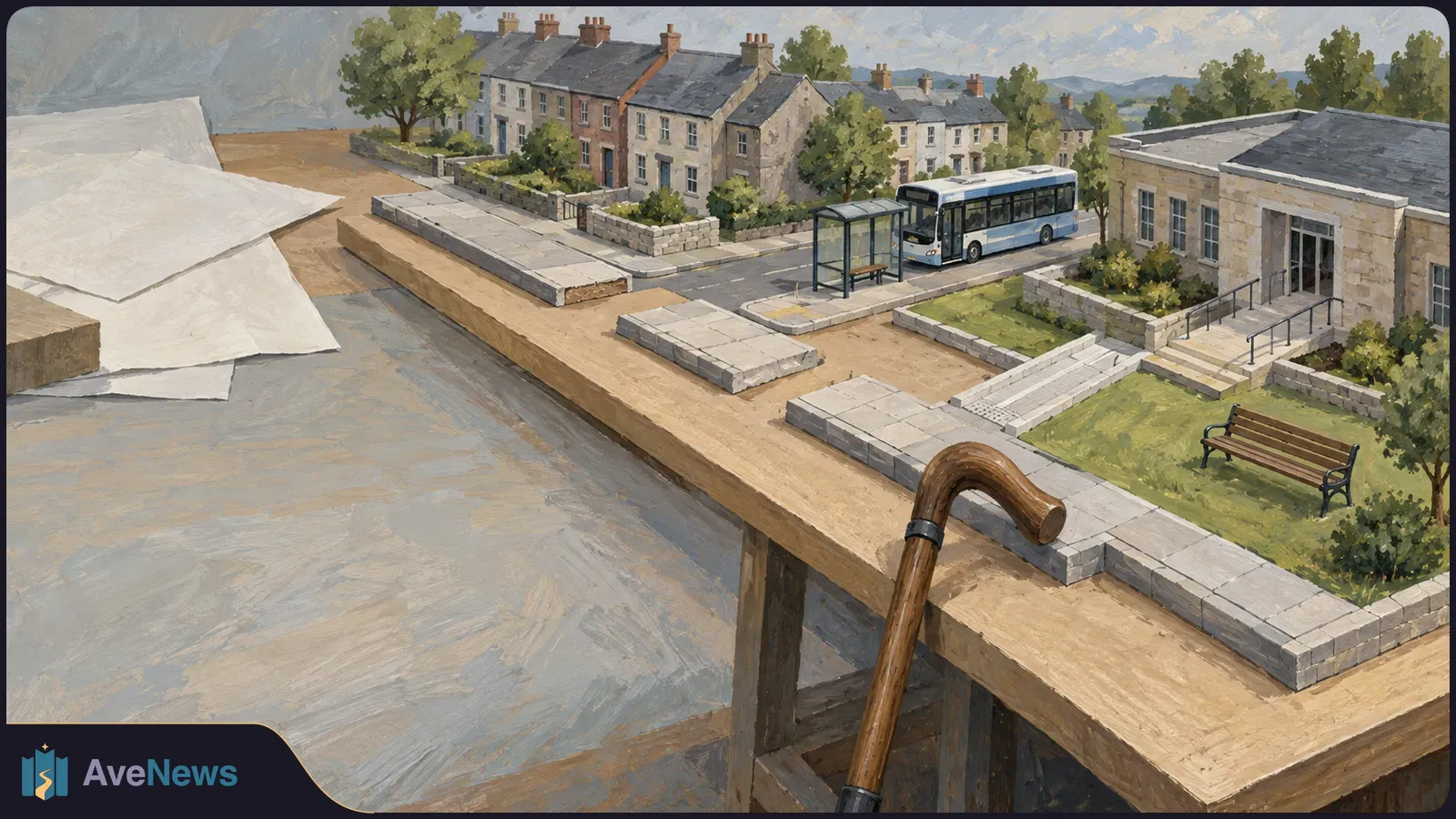 Painted illustration of a walking cane beside a miniature town with houses, a bus stop, a bus, a bench and a public building. SI illustration
