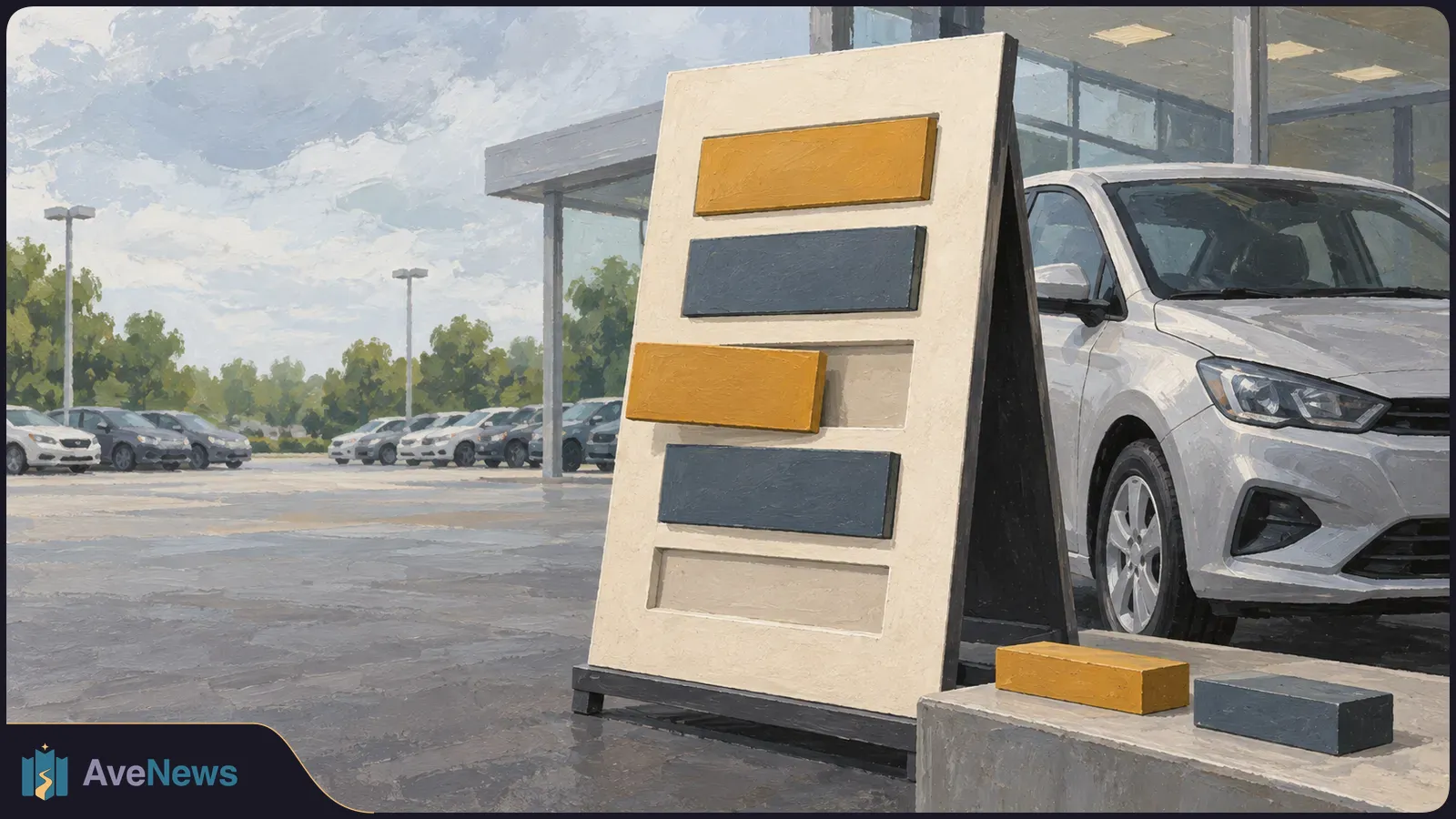 Painted dealership lot with a white car beside a freestanding board of blank gold and dark panels. Two matching blocks rest on a ledge in front. SI illustration