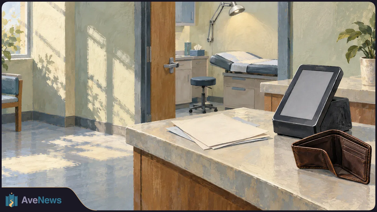 Painted view of a clinic reception counter with blank papers, a blank screen and an open wallet; an empty exam room is visible through the doorway. SI illustration