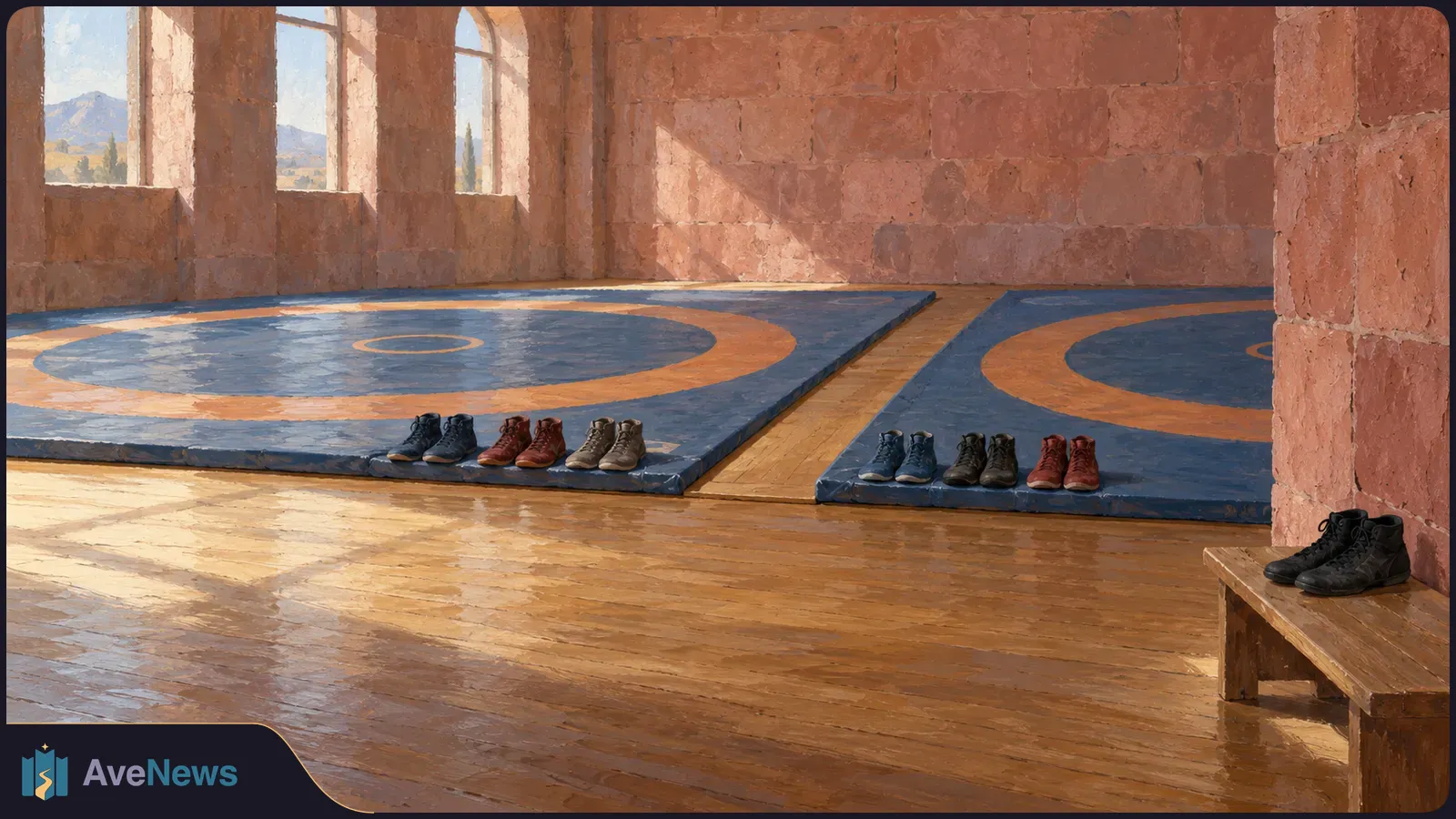Illustrated sunlit stone hall with two blue wrestling mats. Pairs of boots line the mats, and one pair sits apart on a wooden bench. SI illustration