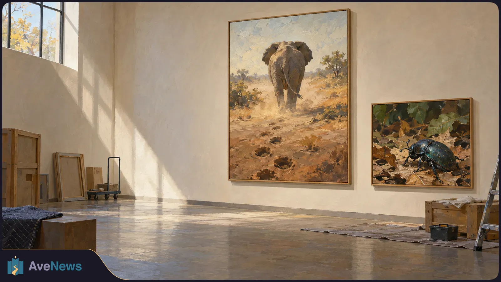 A sunlit gallery-like room holds two framed animal images: an elephant walking along a dusty track and a dark beetle among fallen leaves. Crates and a ladder sit nearby. SI illustration