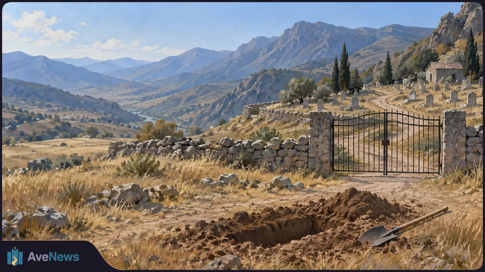 An open pit and shovel sit outside the gate of a hillside cemetery, with gravestones, a small stone building and mountains beyond. SI illustration