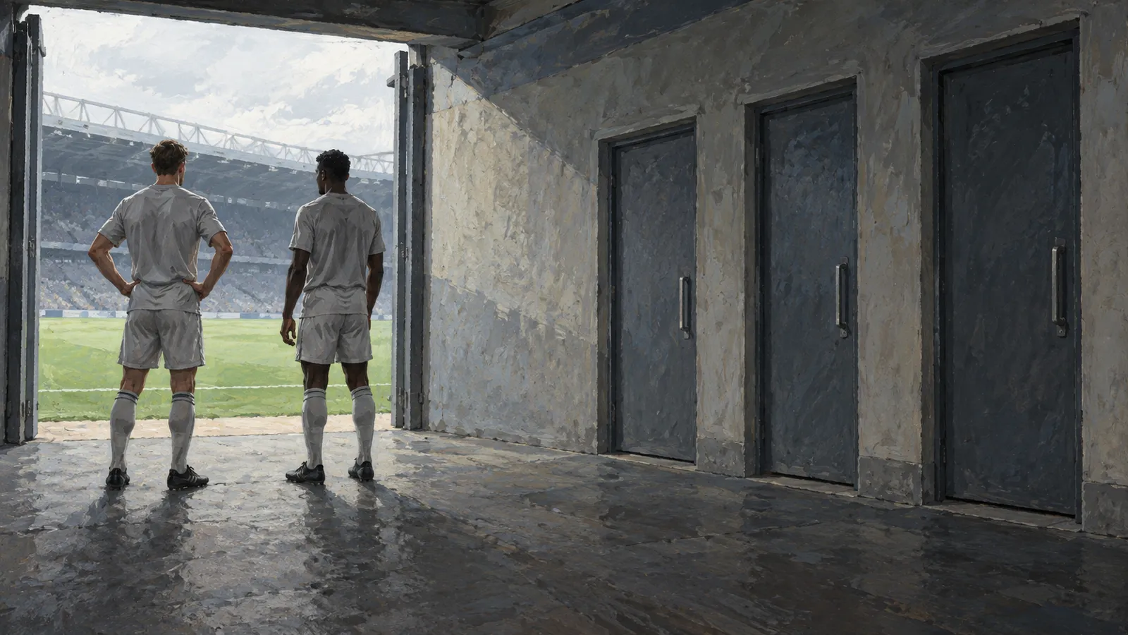 Two footballers in plain white kits stand in a stadium tunnel, facing the pitch. Three closed dark doors line the wall beside them. SI illustration
