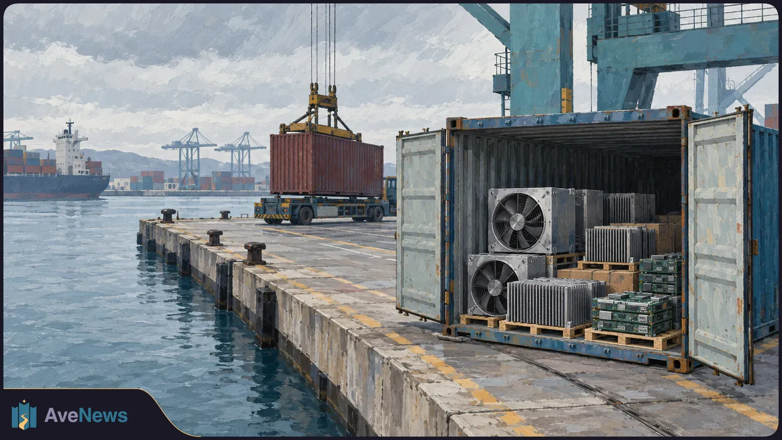 Painted port scene with an open shipping container holding large cooling fans and electronic components. A crane lifts another container near a cargo ship. SI illustration