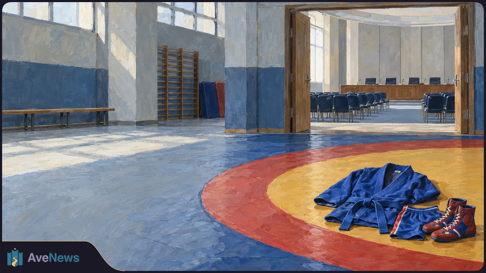 Painted gym with a blue martial arts jacket, shorts and red boots on a circular mat. Through open doors, rows of chairs face a meeting table. SI illustration