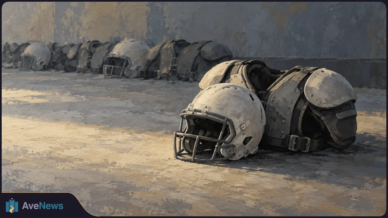 Illustration of football helmets and shoulder pads lined up along a wall, with one set of gear in the foreground on a concrete floor. SI illustration