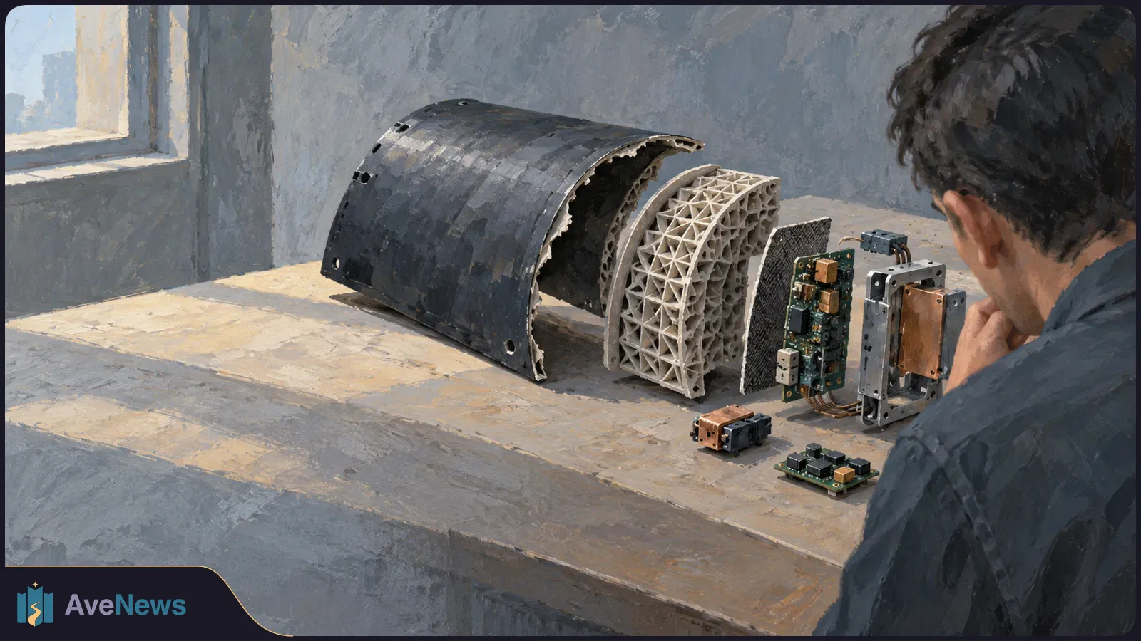 Painterly illustration of a man examining curved composite panels, a lattice-like part and electronic components arranged on a table by a window. SI illustration
