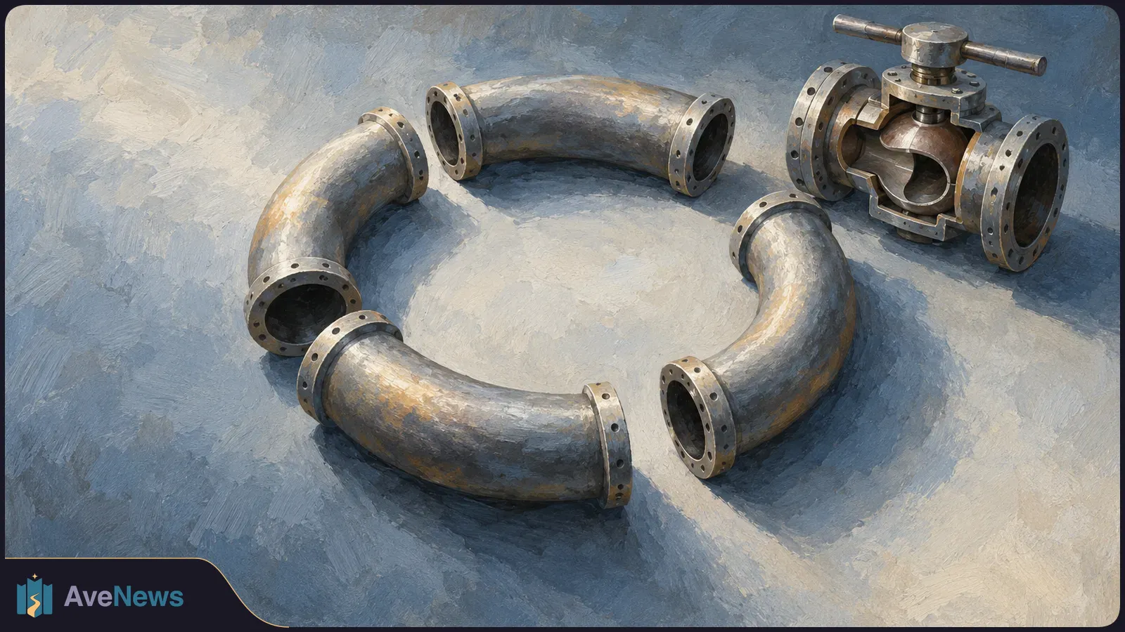 Painterly illustration of four separate flanged metal pipe sections arranged in a ring, with a large valve at the upper right. SI illustration