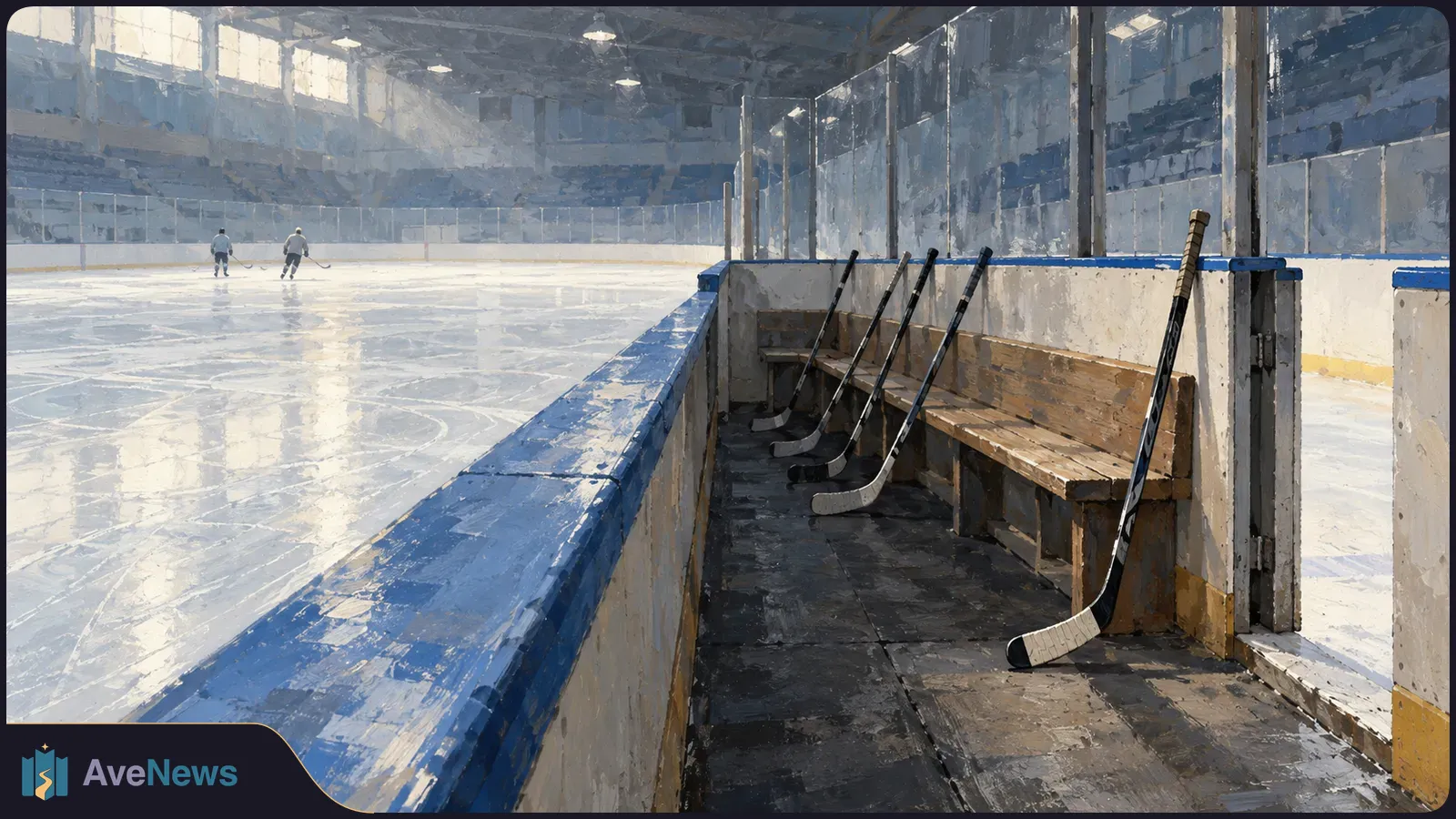 A painted indoor hockey rink, with sticks leaning against a wooden bench in the foreground and two distant players skating on the ice. SI illustration