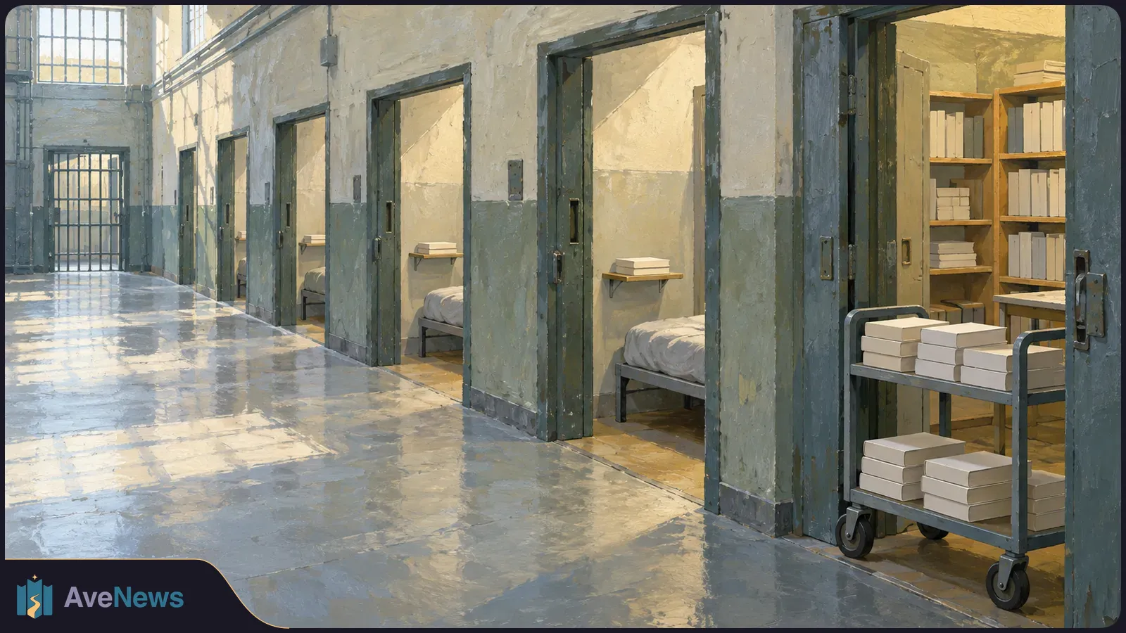 Painted prison corridor with a barred gate and open cells. Beds, shelves of white books and a cart stacked with books are visible. SI illustration