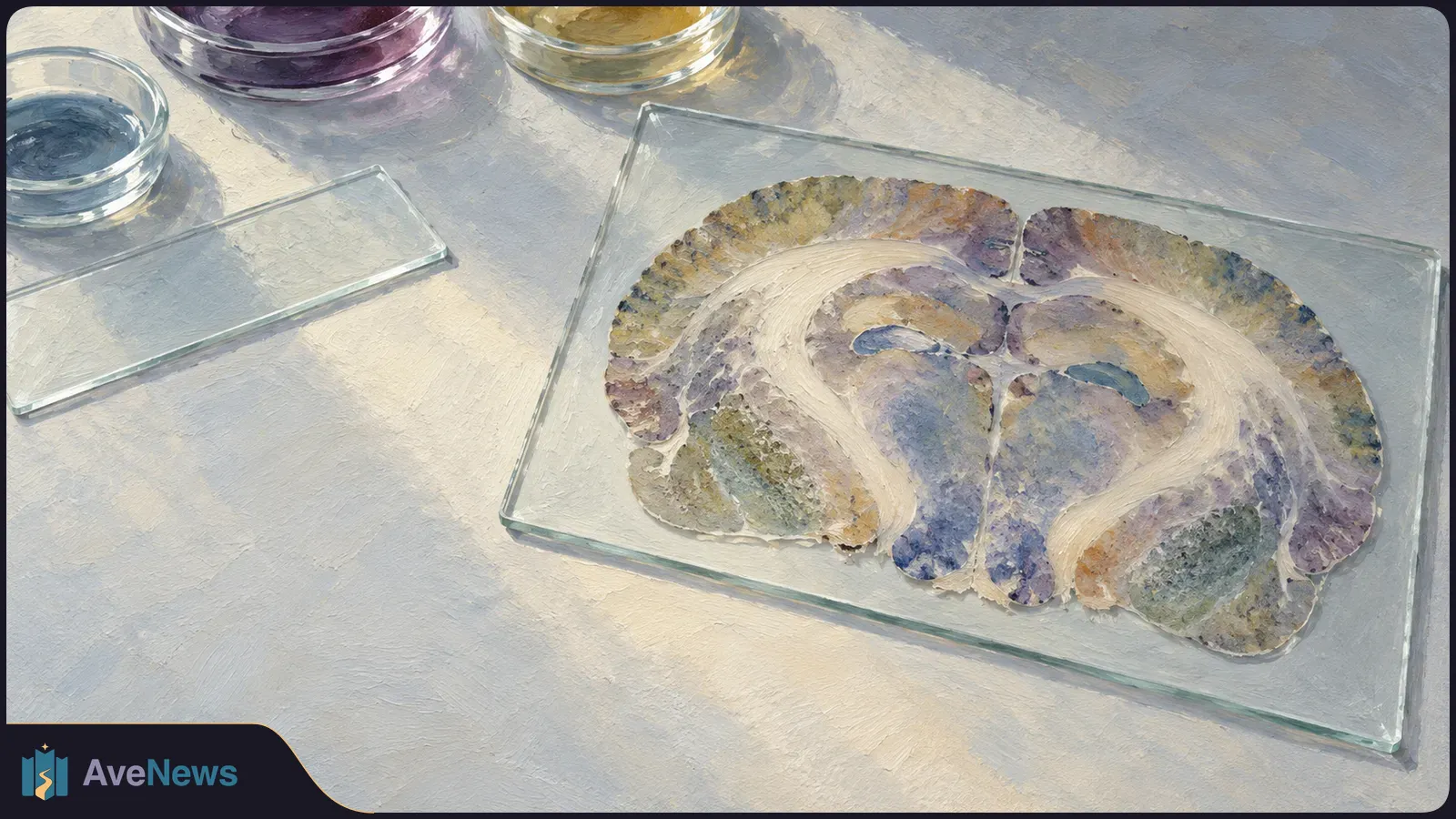 Painterly overhead view of a stained brain-tissue slice on a glass plate, beside an empty glass slide and three shallow dishes of colored liquid. SI illustration