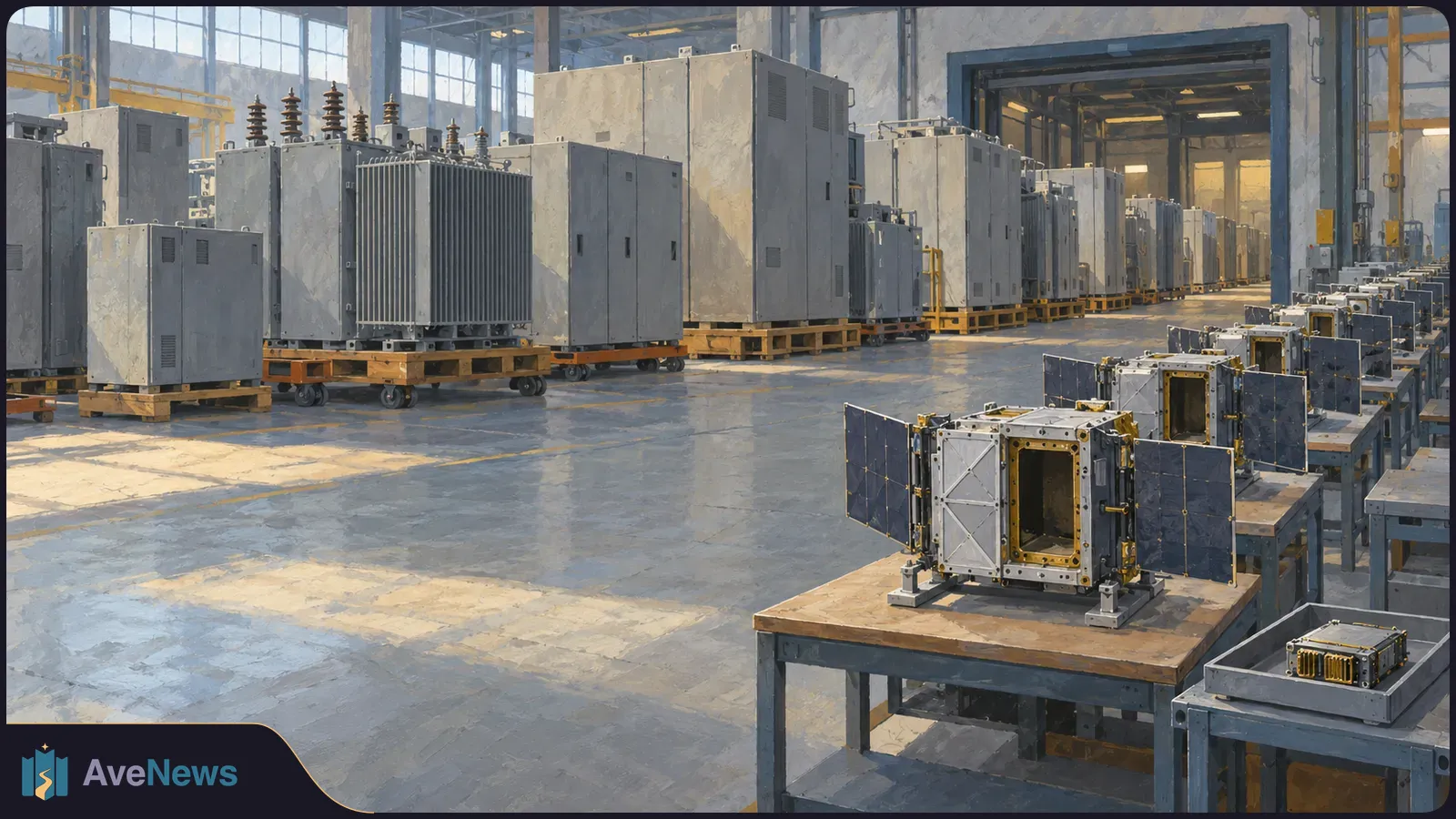 Boxy satellite components with dark panel wings sit on worktables in a large industrial hall lined with gray electrical cabinets. SI illustration