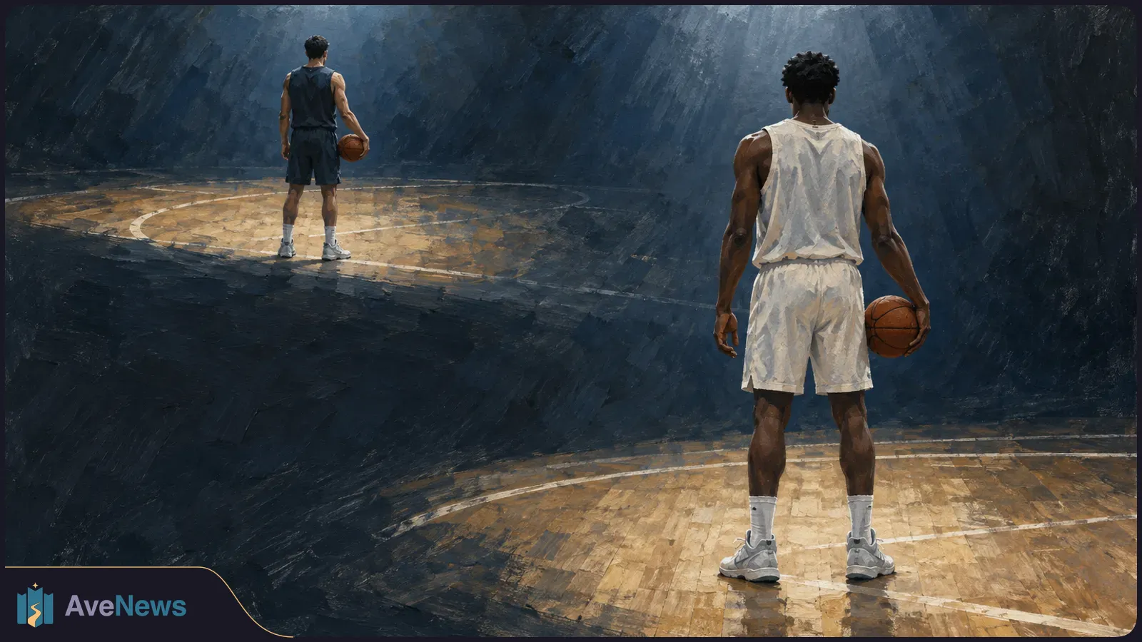 Painterly illustration of two basketball players seen from behind, each holding a ball on a separate, dimly lit court. SI illustration