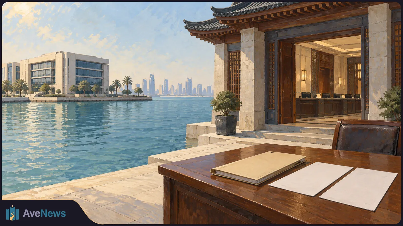 Painted waterfront scene with a Chinese-style building, a distant modern skyline, and blank papers on a wooden table in the foreground. SI illustration