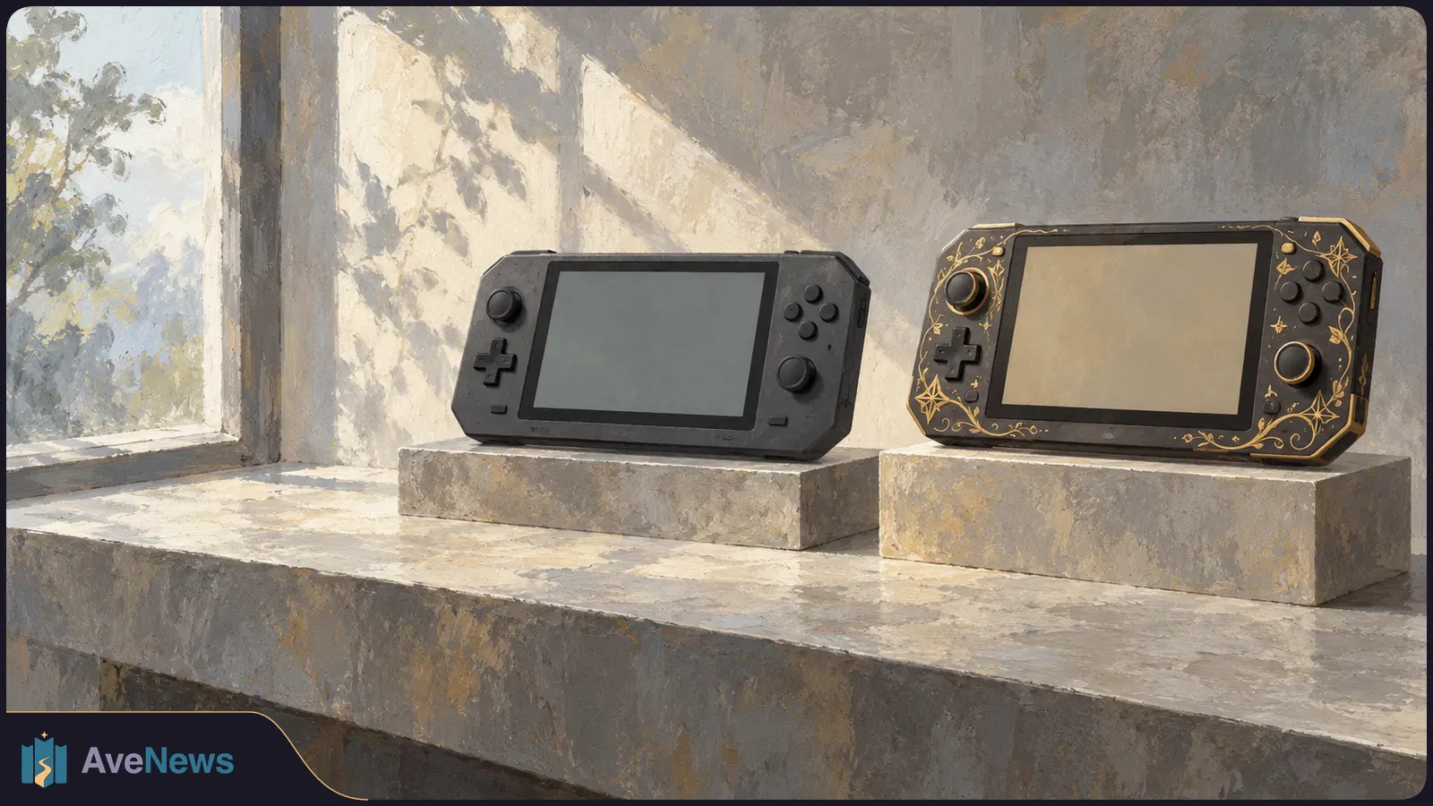 Two handheld game consoles sit on stone plinths by a sunlit window. One is plain black, the other has gold ornament, and both screens are blank. SI illustration