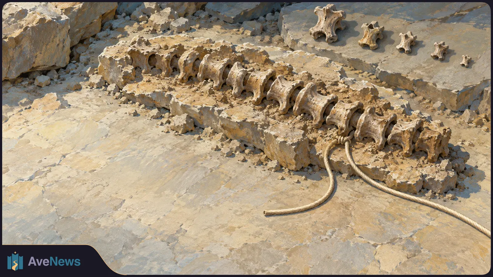 Illustration of a row of large vertebrae on a rocky slab, with smaller bones behind them and a rope trailing across the foreground. SI illustration