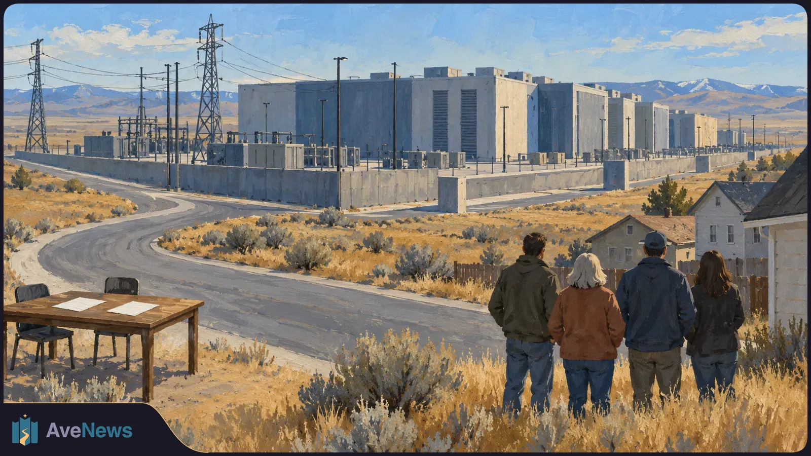 Illustration of four people seen from behind facing a large fenced industrial complex across a curving road. Power lines, dry grass and a table with papers are nearby. SI illustration